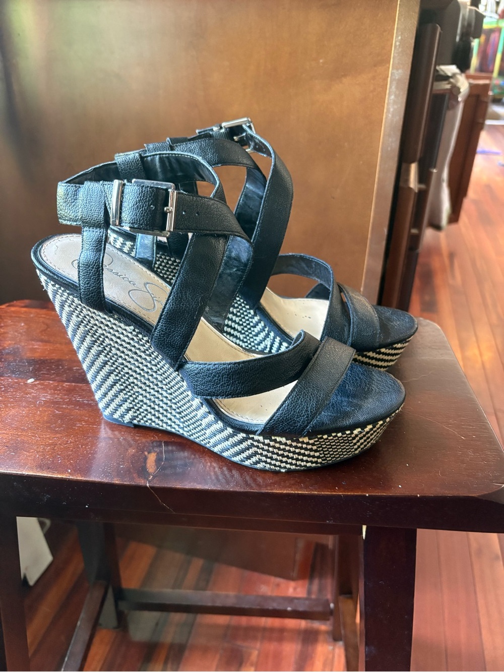 Jessica Simpson Black Strappy Wedges with Patterned Espadrille Heel
